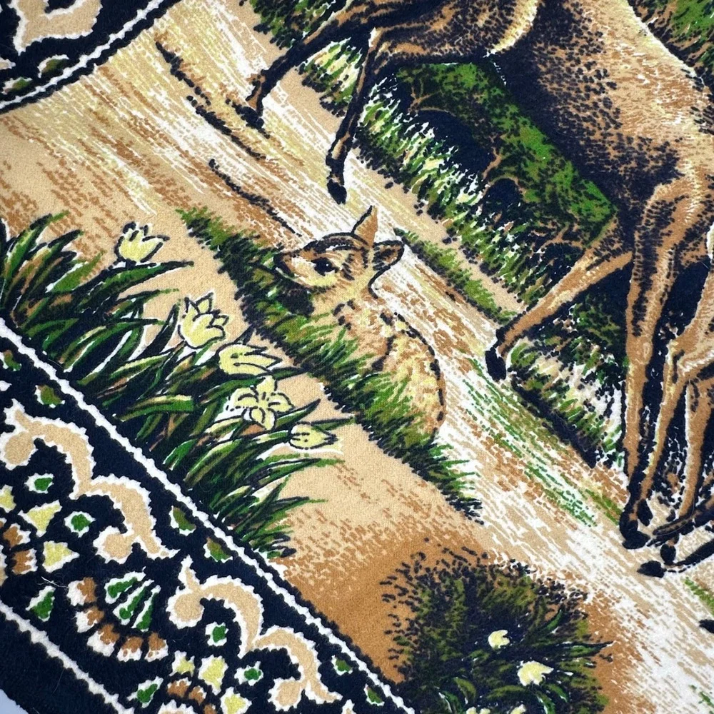 Vintage Velvet Wall Hanging Deer Family Mountain Landscape Blue Green Excellent
